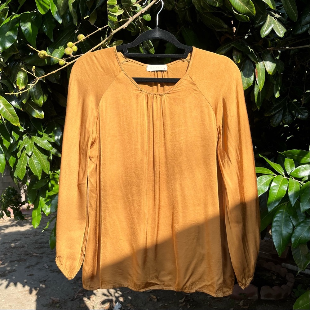 STARKX‎ mustard yellow rayon satin draped sleeve blouse shirt